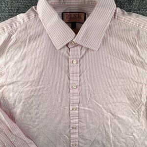 Thomas Pink Long Sleeve Button Up Shirt Men Cotton Striped Pink 18 35.5 Classic